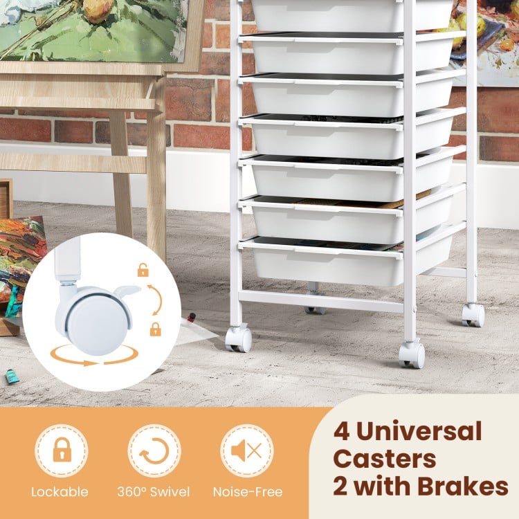 10-Drawer Rolling Storage Cart Mobile Utility Organizer with Wooden Tabletop and Lockable Wheels-White