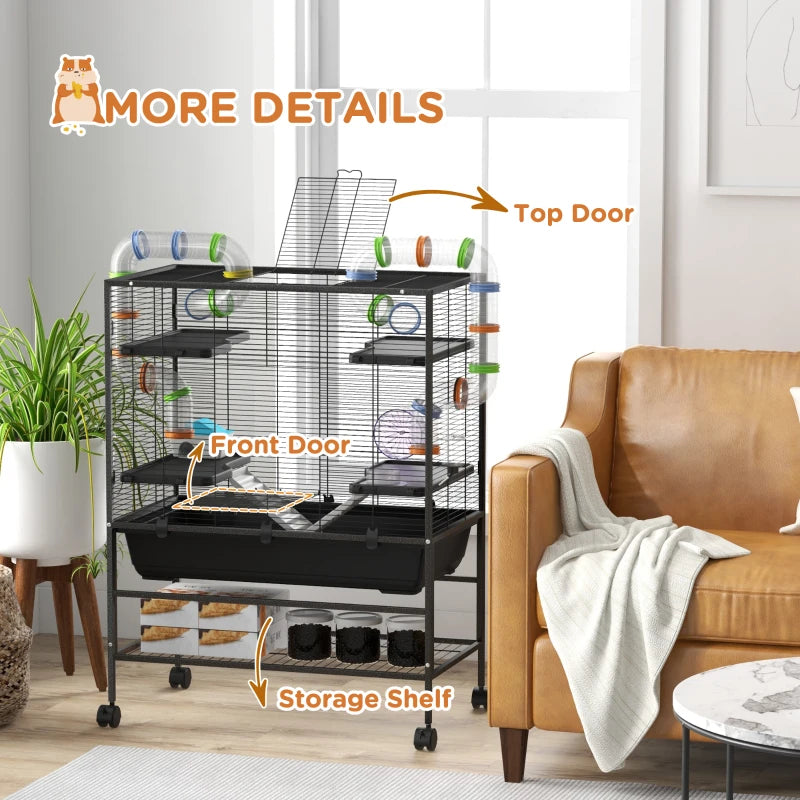43" Rolling Hamster Cage with Tunnel Tube System, Storage Shelf, Exercise Wheel, Food Dish, Water Bottle, Ramp
