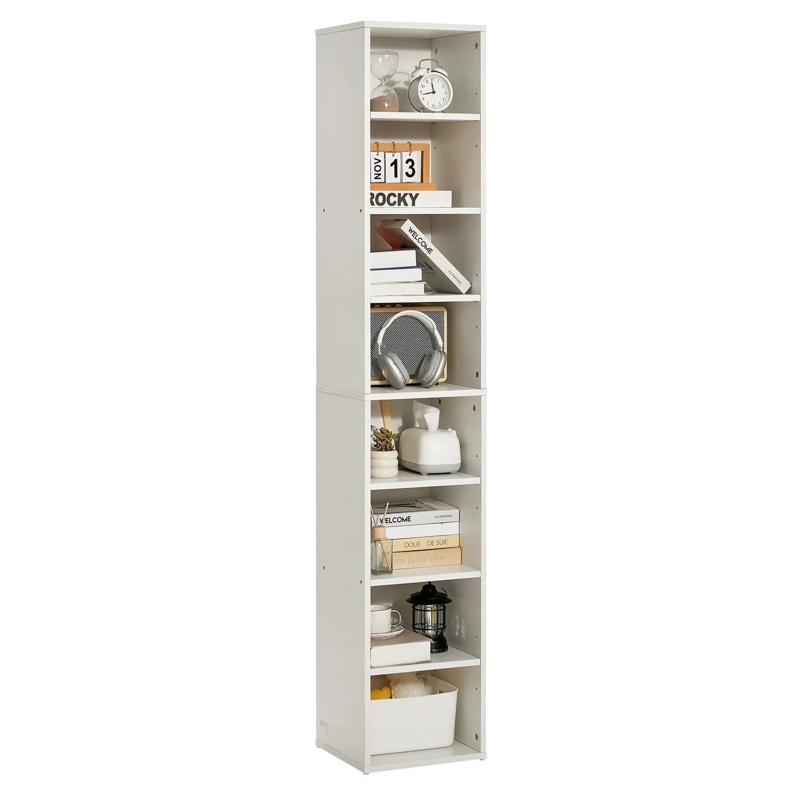 VEVOR 8 Tiers Narrow Bookshelf 71" Wooden Open Bookcase Adjustable Shelf White