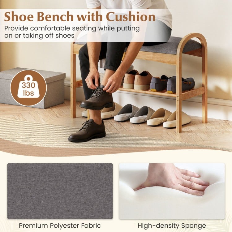 2-Tier Bamboo Shoe Bench with Padded Cushion and Shelf-Gray