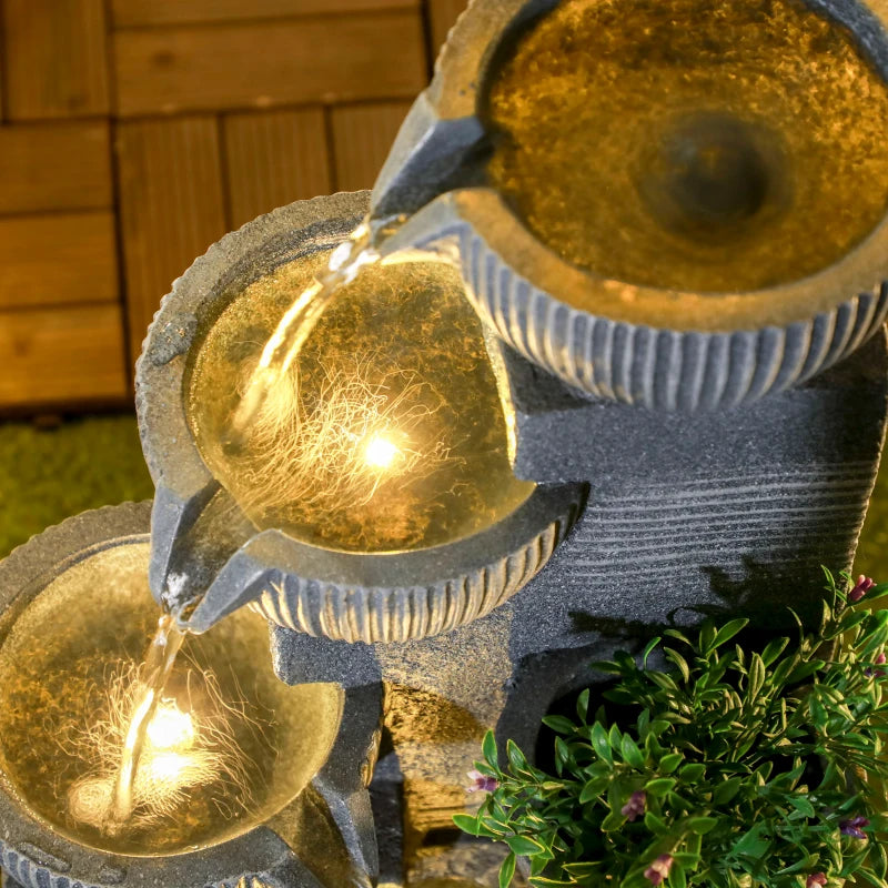 Solar Powered Outdoor Water Fountain, 4-Tier Floor Standing Resin Cascading Bowls Waterfall Fountain with LED Lights