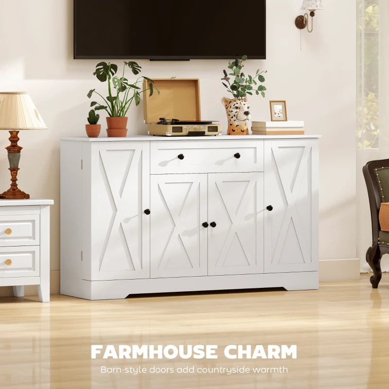 Sideboard Buffet Cabinet, Farmhouse Coffee Bar Cabinet with Door Shelves, Adjustable Shelves, Drawer, Barn Doors, White