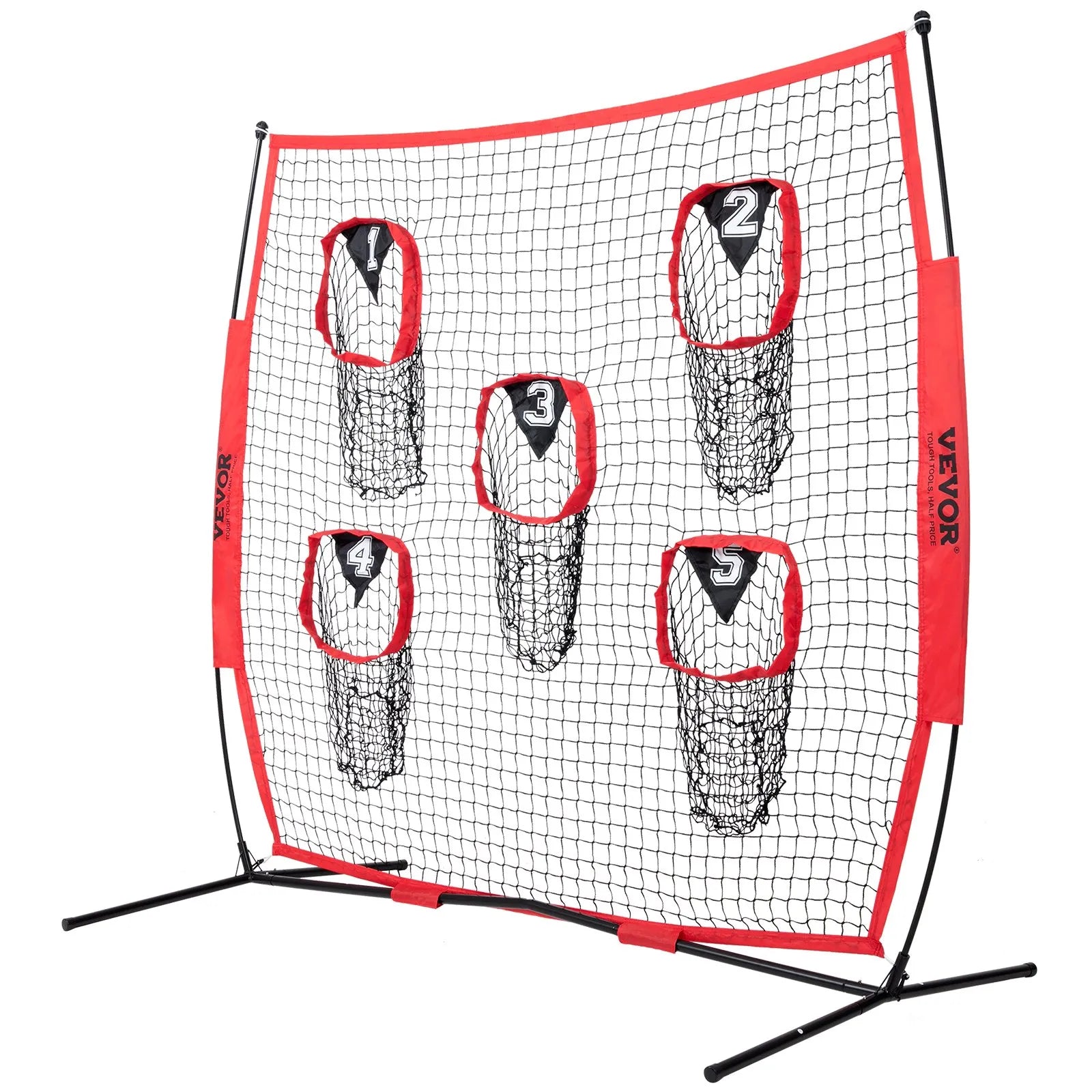 VEVOR 7 x 7 ft Football Trainer Throwing Net, Training Throwing Target Practice Net with 5 Target Pockets, Knotless Net Includes Bow Frame and Portable Carry Case, Improve QB Throwing Accuracy, Red