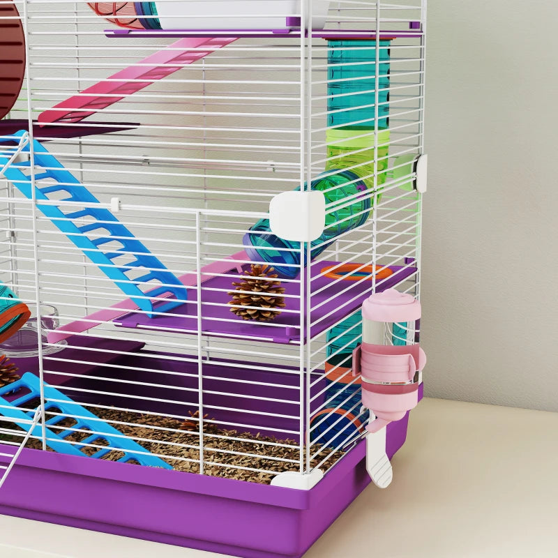 5 Tiers Hamster Cage Portable with Exercise Wheels Play Tube Water Bottle Dishes House Ladder for Gerbils, Purple