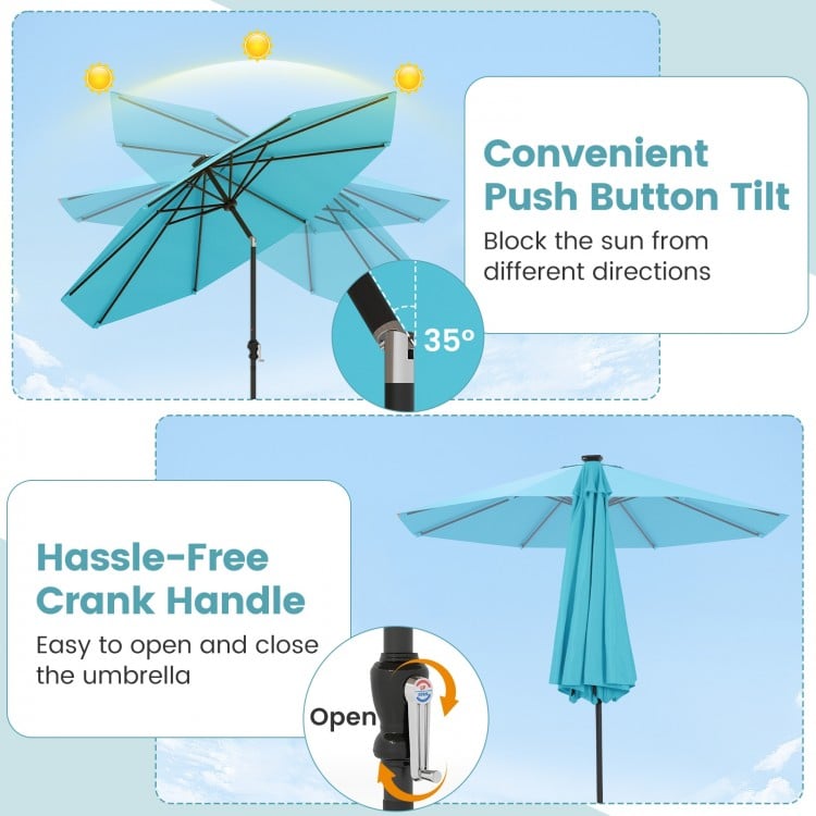 10 Feet Solar Patio Umbrella with 96 Multi-Colored Flowing LED Lights and Tilt Adjustment-Turquoise