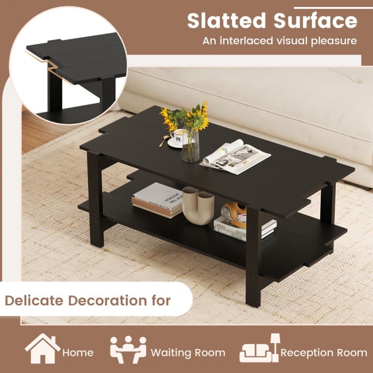 2-Tier Coffee Table Slatted Wood Center Table with Storage Shelf-Black