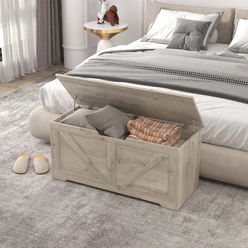 39.4 Inches Storage Chest, Storage Trunk with 2 Safety Hinges for Living Room, Grey Wood Grain