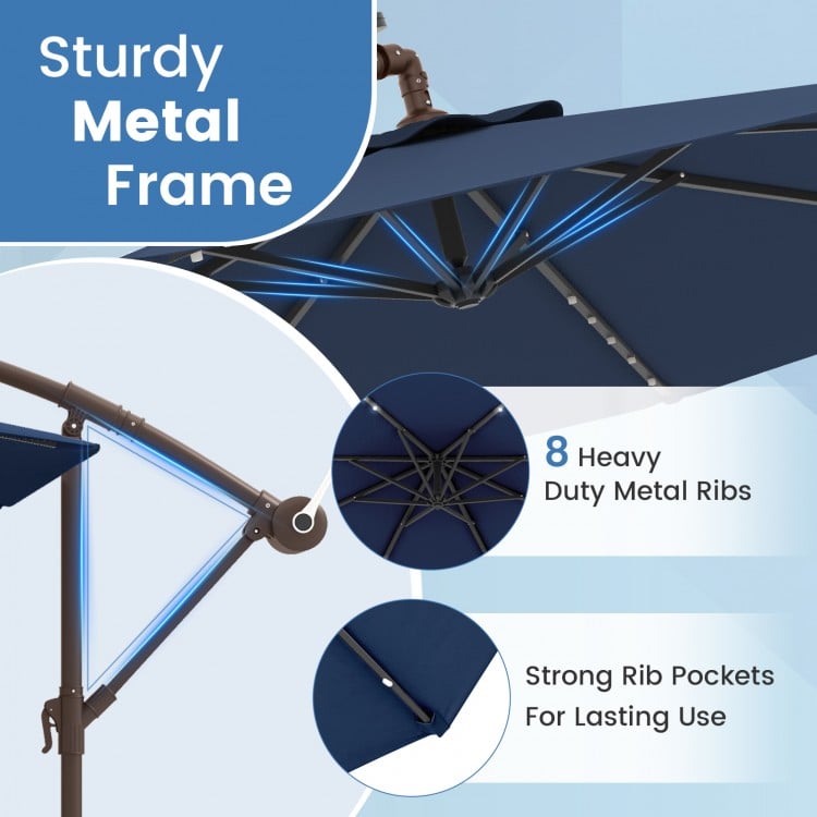 10 Feet Cantilever Umbrella with 32 LED Lights and Solar Panel Batteries-Navy