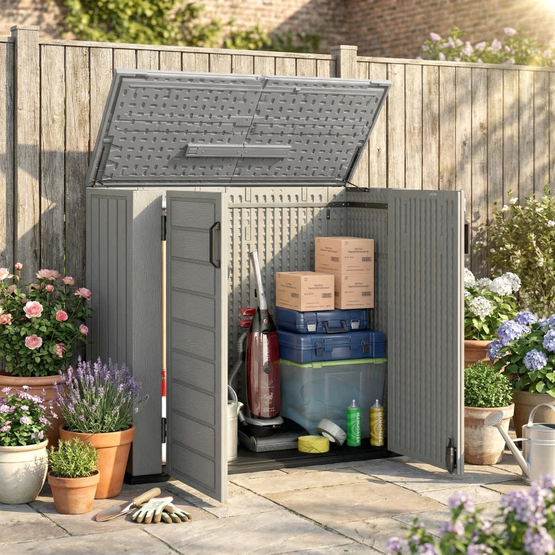 33 Cu.ft Plastic Outdoor Storage Shed, Storage Cabinet Tool Box with Lockable Double Doors and Flip-Top Lid Light Grey
