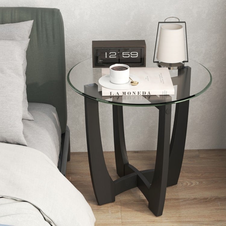 23.5 Inch Round End Side Table with Tempered Glass Tabletop-Black