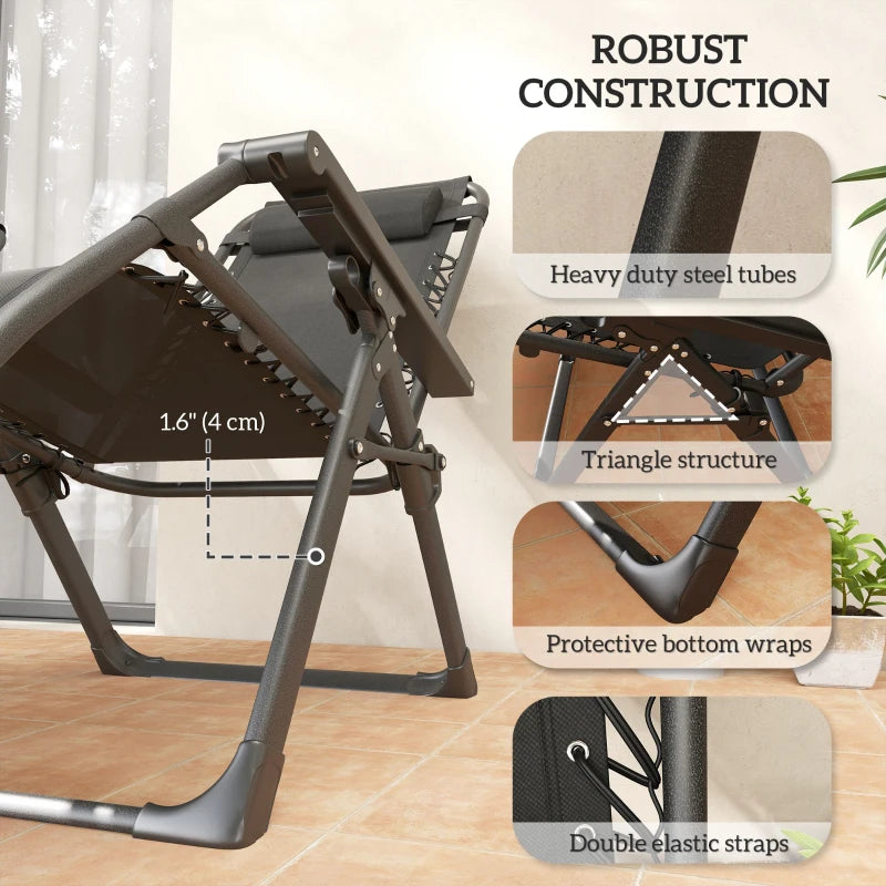 2pcs Reclining Zero Gravity Chair with Adjustable Backrest, Folding Garden Sun Lounger with Removable Cushion, Grey