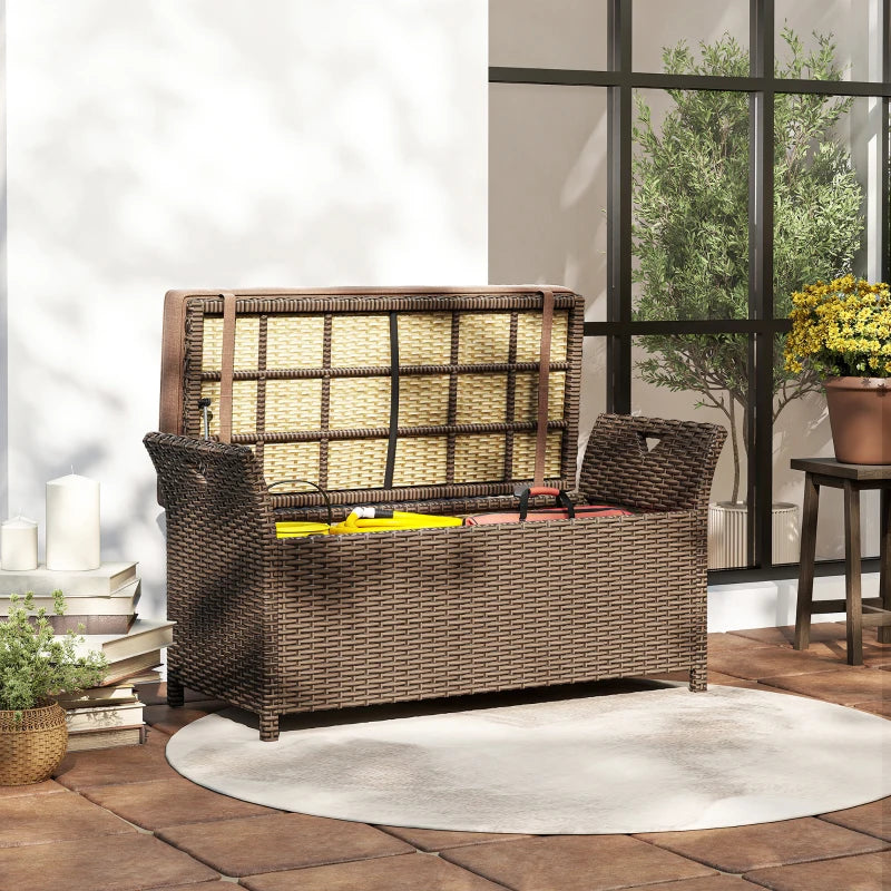 2-In-1 Outdoor Storage Bench, 29 Gallon Wicker Deck Box with Handles and Cushion, Tan