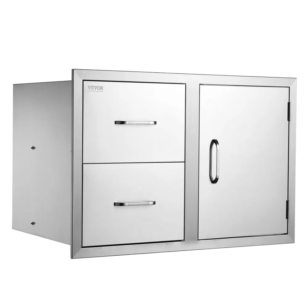 VEVOR Outdoor Kitchen Door Drawer Combo 32.5\" W x 21.6\" H x 20.5\'\'D, Access Door/Double Drawers with Paper Towel Rack, BBQ Island Drawers with Stainless Steel Handles for Outdoor Kitchen