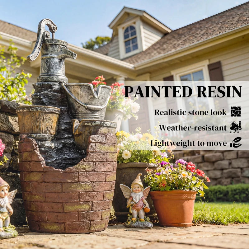 4-Tier Outdoor Fountain with Planter, Cascading Waterfall Feature with LED Lights, Rustic Brown and Grey