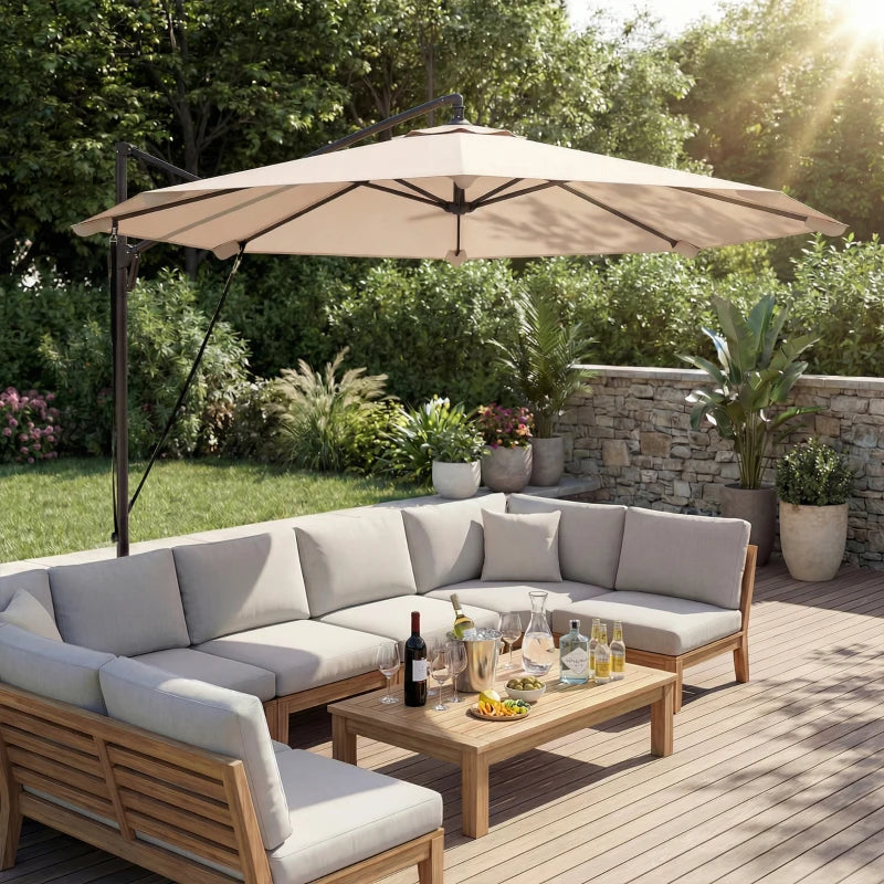 10FT Cantilever Patio Umbrella with 8 Ribs, Offset Patio Umbrella with Cover and Wind Ropes for Garden, Yard, Khaki