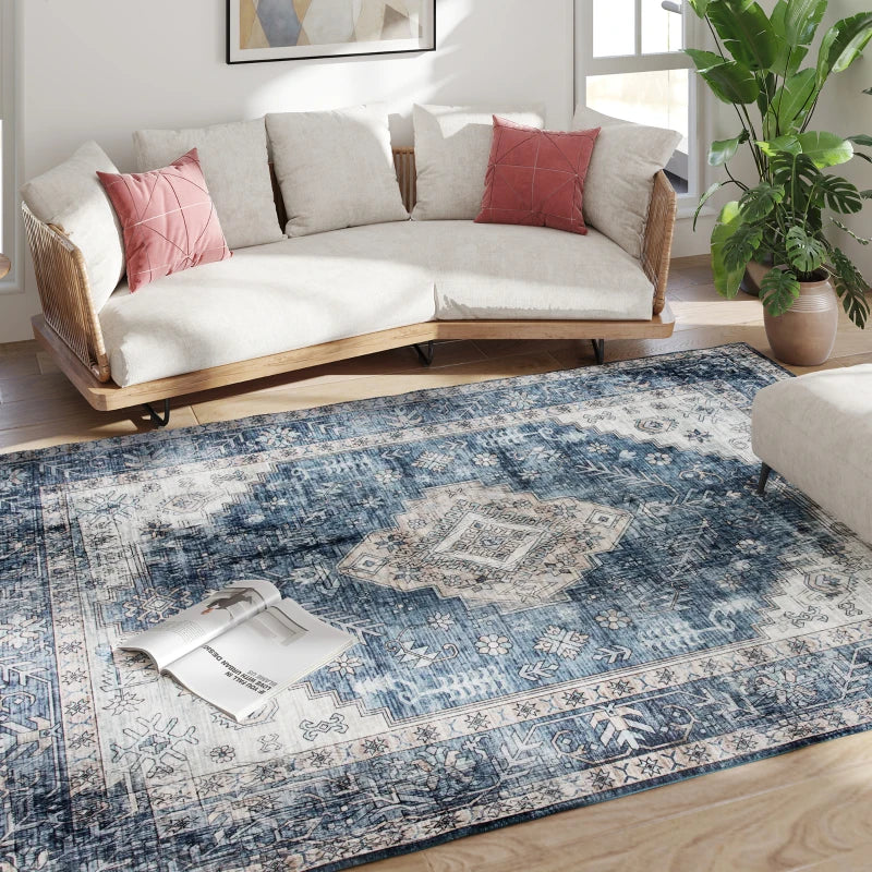 6x9 Area Rug, Vintage Machine Washable Rug, Non-Slip Floor Carpet for Living Room, Bedroom, Dining Room, Blue