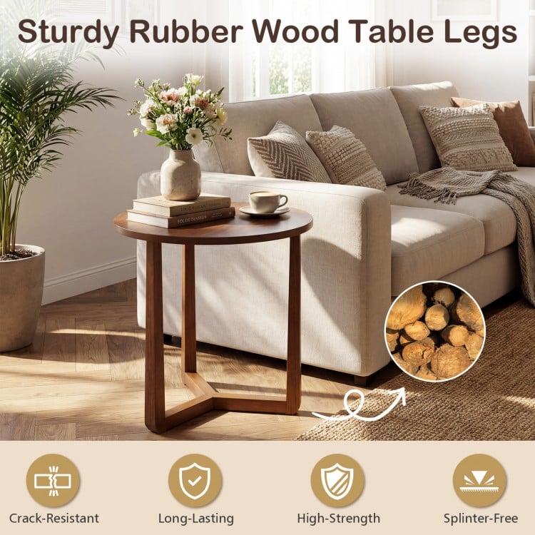 22.5 inch Round Side Table Farmhouse End Table with Sturdy Rubber Wood Legs and Triangular Structure-Walnut