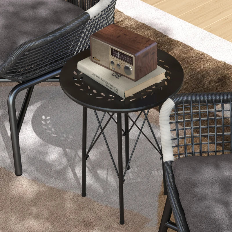 15.7" Round Garden Table with Floral Cut-Out, Steel Balcony Side Bistro Coffee Table with Adjustable Feet, Black
