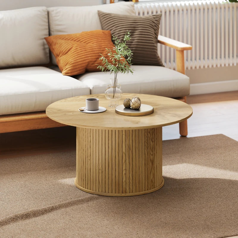 31.5" Round Coffee Table, Nordic Style Center Table with Fluted Cylindrical Base for Living Room, Oak