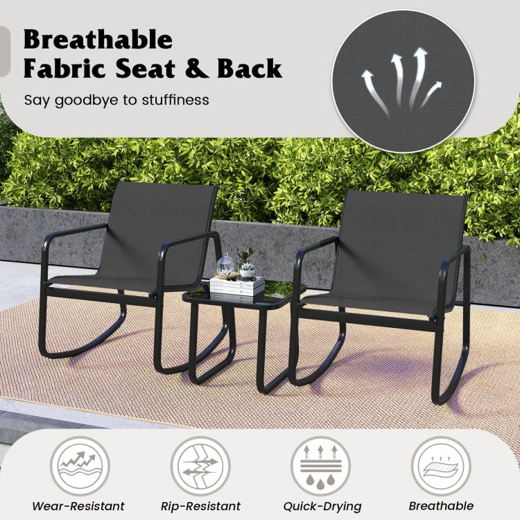 2 Rocking Bistro Chairs and Glass-Top Table for Porch Yard Balcony-Black