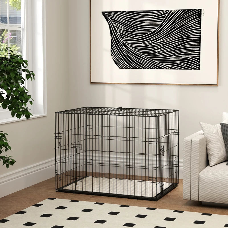 35" Dog Crate with 2 Doors, Folding Metal Dog Cage with Soft Cushion, Removable Tray, Handle, Black