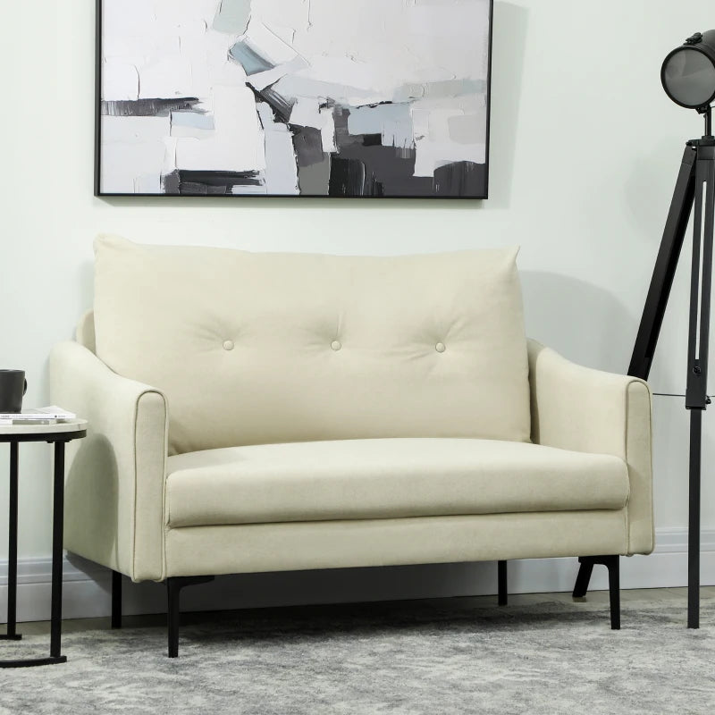 2 Seater Sofa, Small Modern Couch with High-Resilience Foam, Thicken Padding, Button Tufted, Cream White