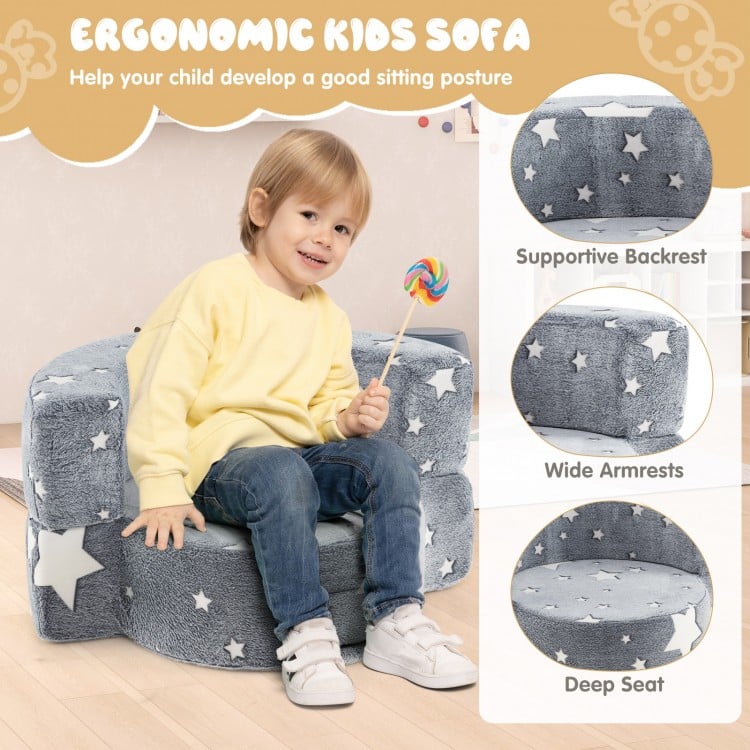 2-in-1 Convertible Glow in the Dark Kids Sofa with Removable Washable Cover-Gray