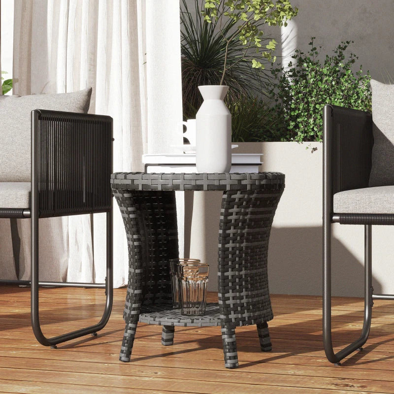 18" Wicker Outdoor Coffee Table, PE Rattan Patio Side Table with 2-Tier Storage, Composite Wood Top, Grey