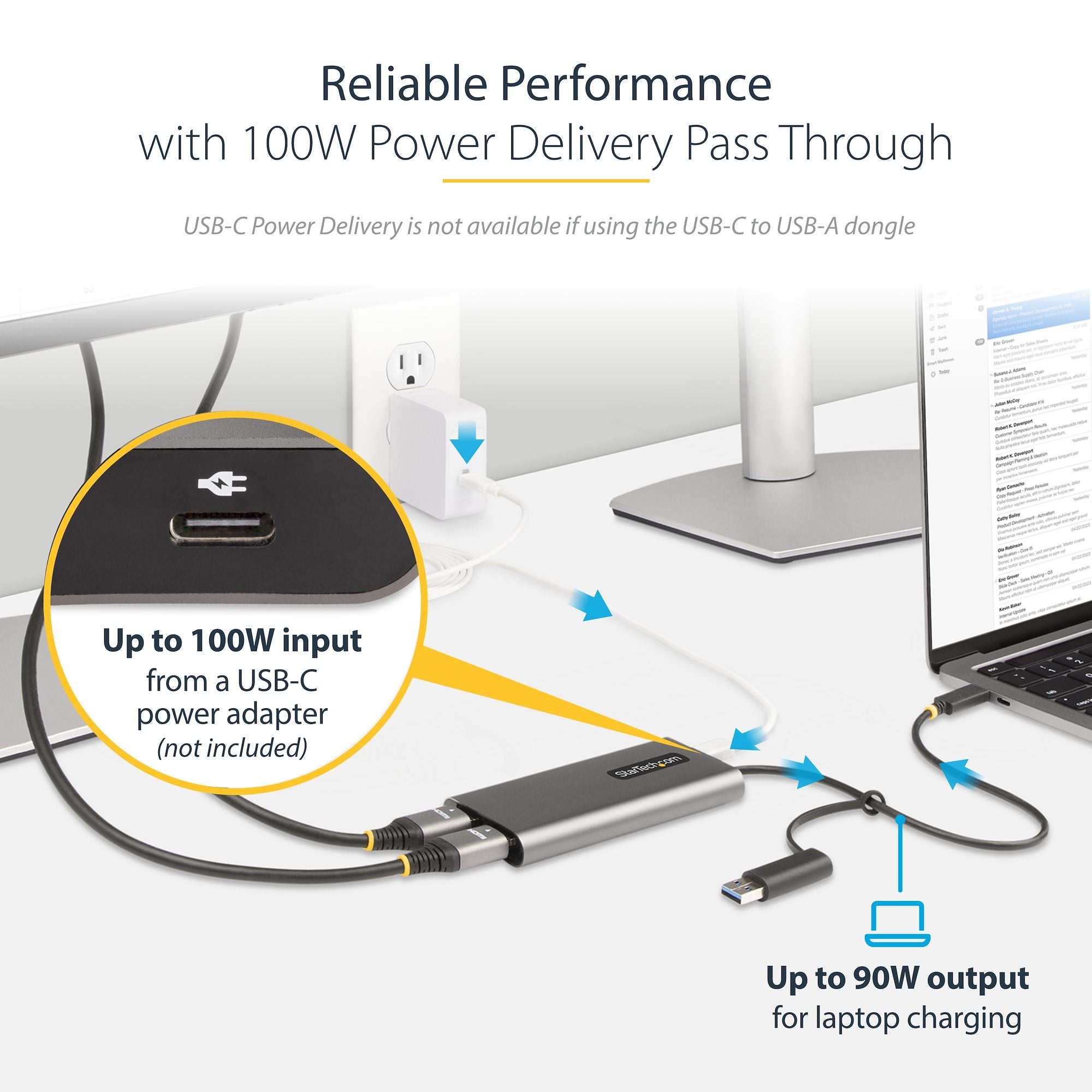 USB-C to Dual-HDMI Adapter - USB-C or A to 2x HDMI - 4K 60Hz - 100W Power Delivery Pass-Through - 1ft (30cm) Built-in Cable - USB to HDMI Multi-Monitor Converter for Laptop - TAA