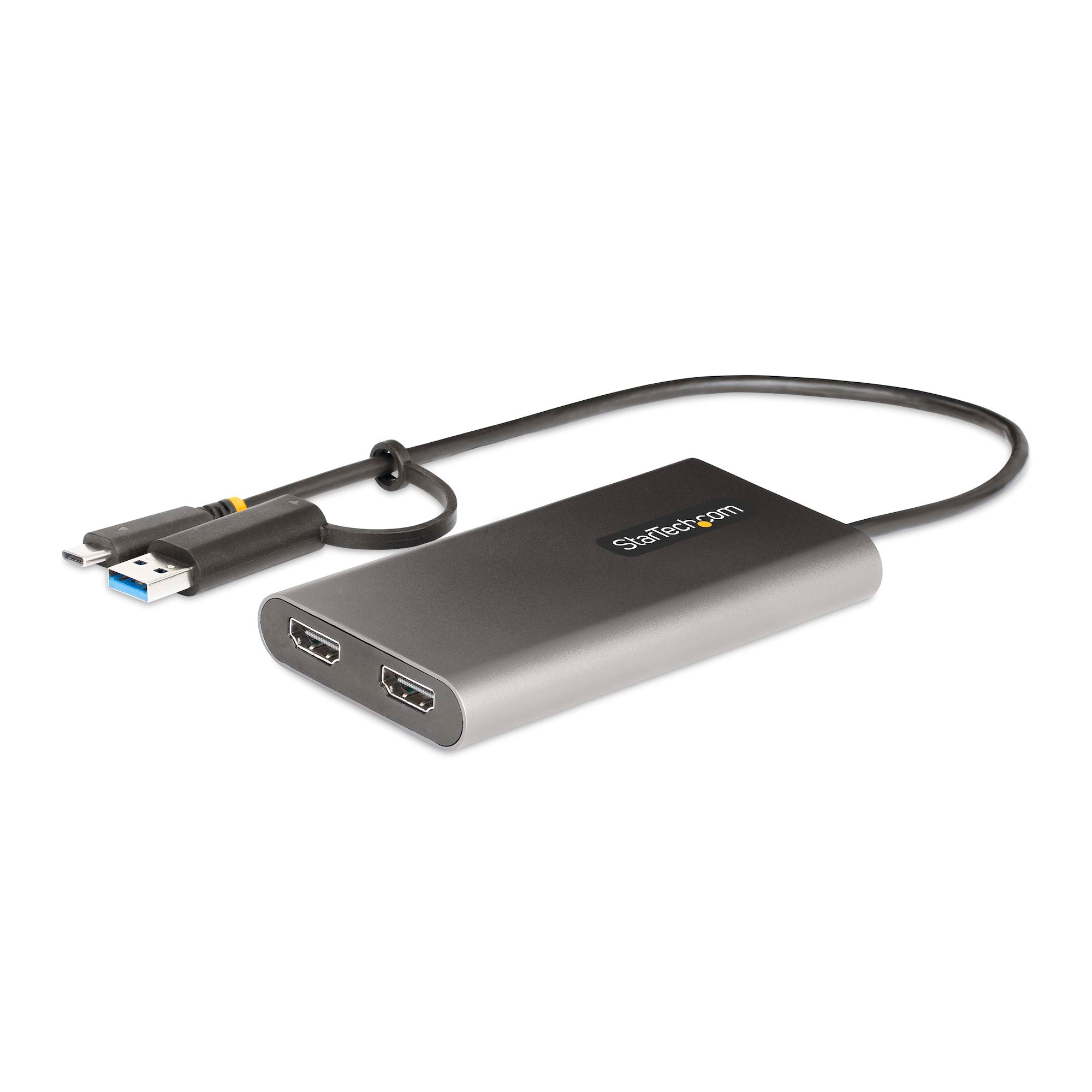 USB-C to Dual-HDMI Adapter - USB-C or A to 2x HDMI - 4K 60Hz - 100W Power Delivery Pass-Through - 1ft (30cm) Built-in Cable - USB to HDMI Multi-Monitor Converter for Laptop - TAA