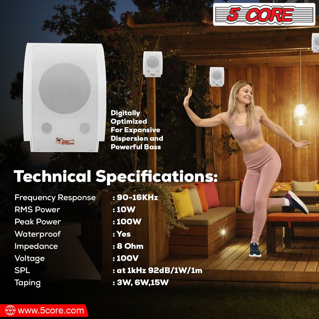 5Core 100W Peak Outdoor Stereo Speakers – Passive In-Wall Home Audio System