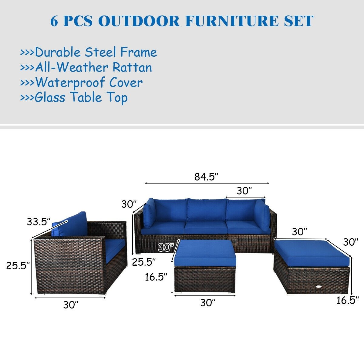 6 Pieces Patio Rattan Furniture Set with Sectional Cushion-BlueÂ