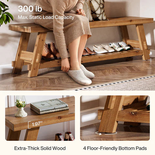 63" Solid Wood Shoe Bench 2-Tier Entryway Bench with Storage Shelf Heavy Duty Seating for Hallway Living Room Rustic Brown