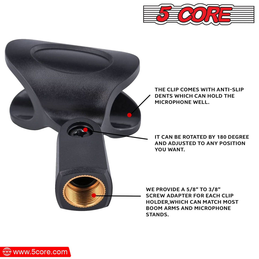 5Core Microphone Clip Holder – 6-Piece Set with 5/8" to 3/8" Screw Adapters