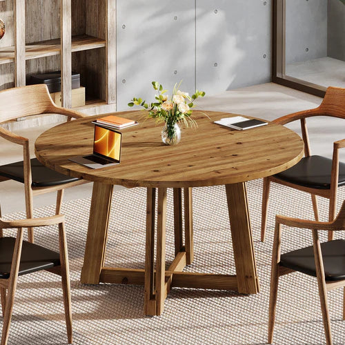 Conference Table 47" Solid Wood Round Meeting Table with Thickened Tabletop and Cross Base Design Brown