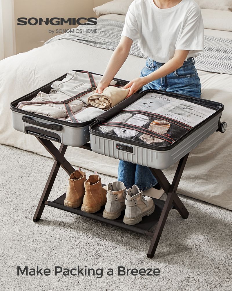 SONGMICS Folding Suitcase Stand with Storage Shelf