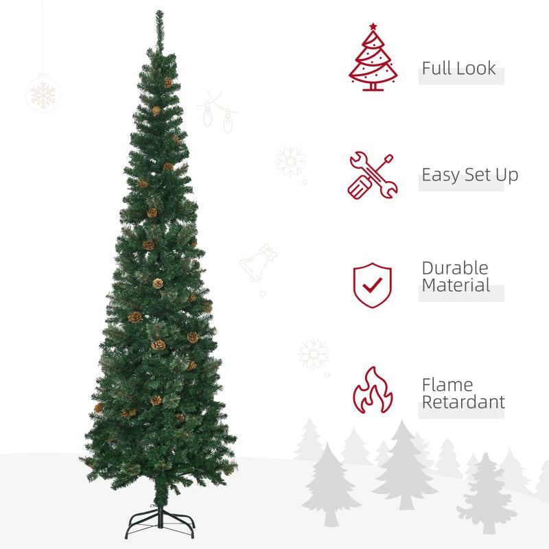 HOMCOM 6ft Prelit Pencil Artificial Christmas Tree – 395 Realistic Branches, 100 LED Lights, Foldable Metal Base, White