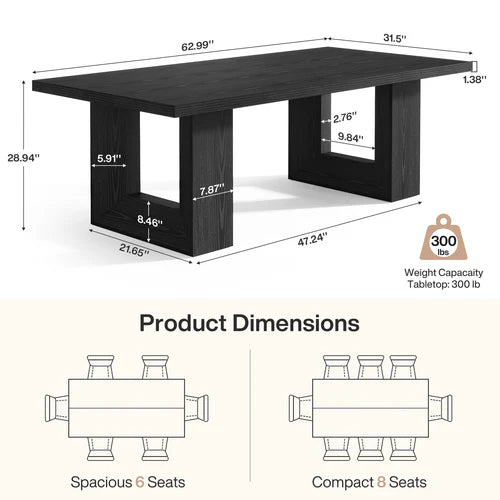 Dining Table 63" Rectangular Farmhouse Kitchen Table for 6-8 People with Geometric Legs Modern MDF Construction Black Finish for Dining Room
