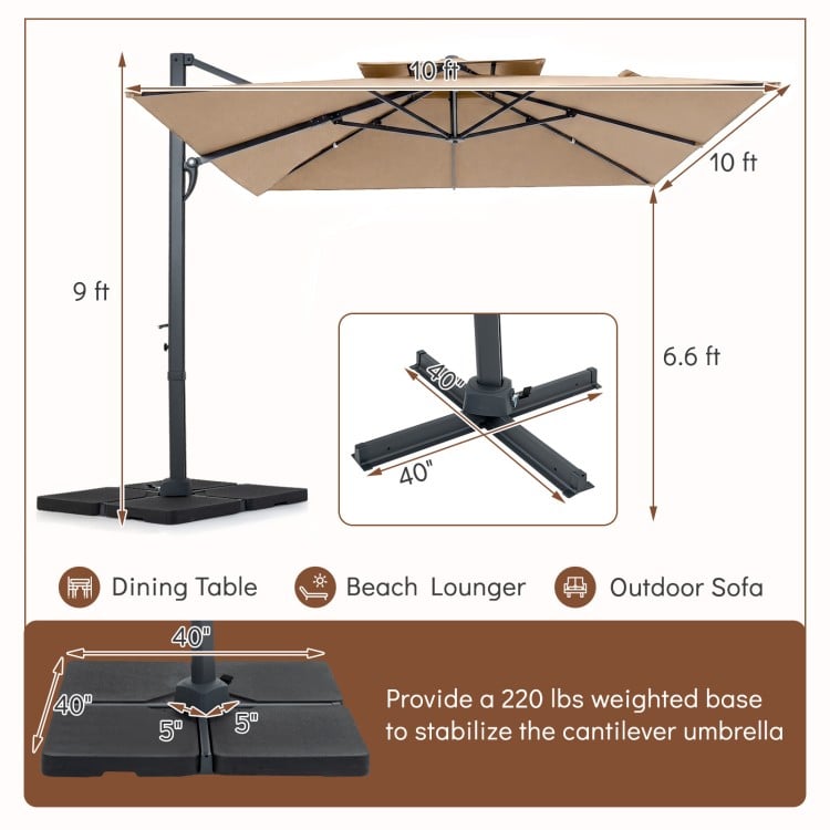 10 FT Aluminum Pole Patio Cantilever Umbrella with 220 LBS Base