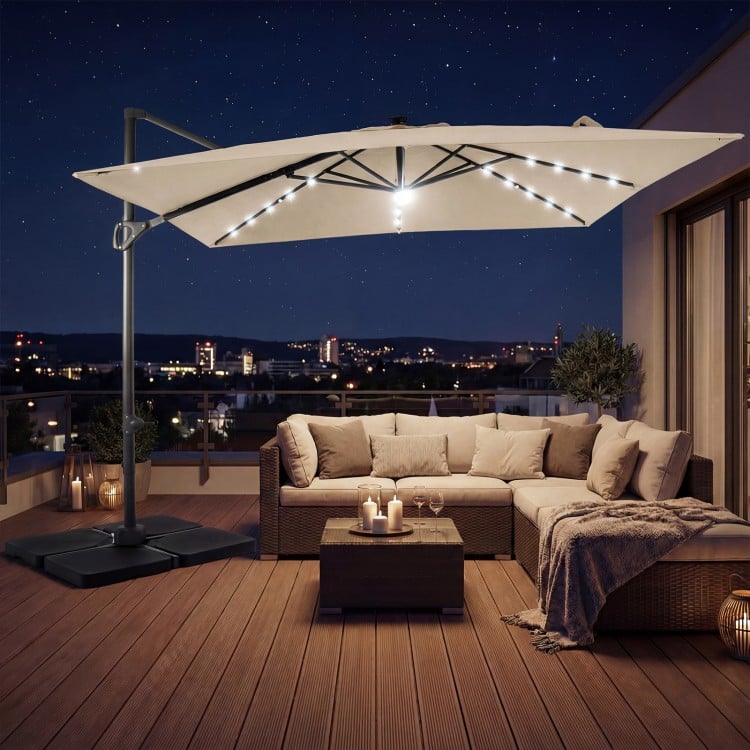 10 FT Cantilever Patio Umbrella with 32 Solar LED Lights and 220 LBS Base