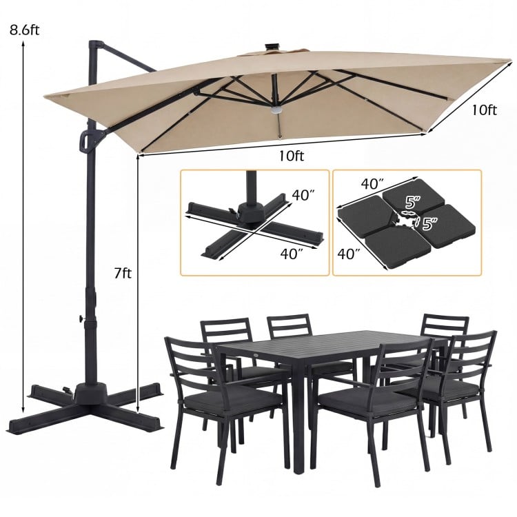 10 FT Cantilever Patio Umbrella with 32 Solar LED Lights and 220 LBS Base