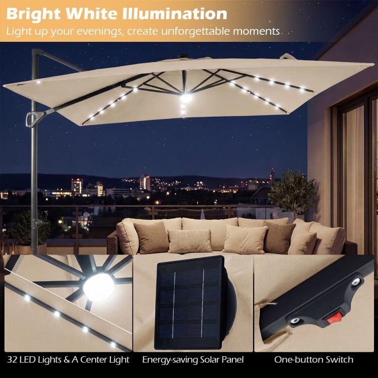10 FT Cantilever Patio Umbrella with 32 Solar LED Lights and 220 LBS Base