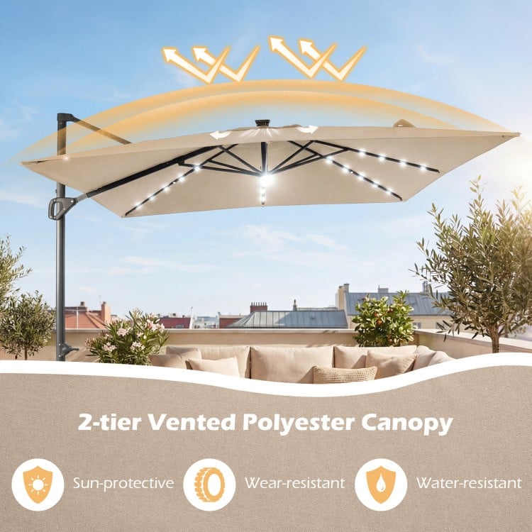 10 FT Cantilever Patio Umbrella with 32 Solar LED Lights and 220 LBS Base