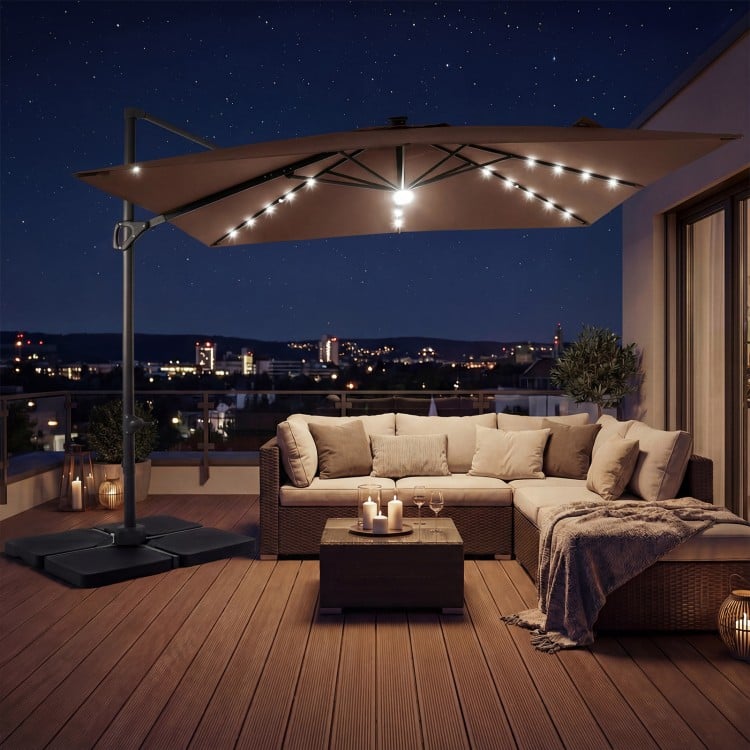 10 FT Cantilever Patio Umbrella with 32 Solar LED Lights and 220 LBS Base