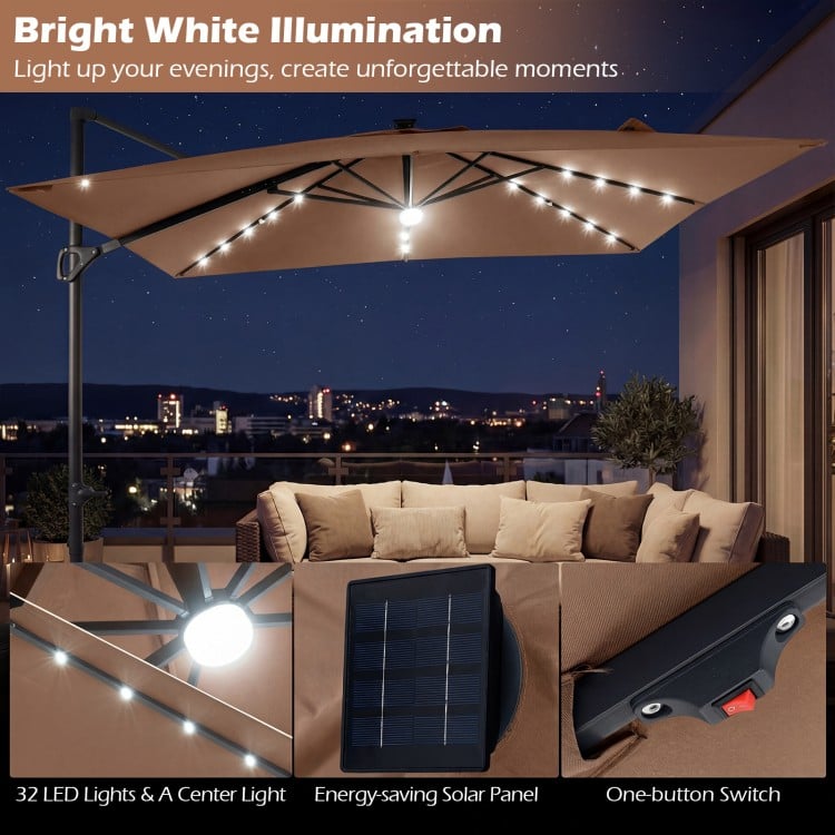 10 FT Cantilever Patio Umbrella with 32 Solar LED Lights and 220 LBS Base