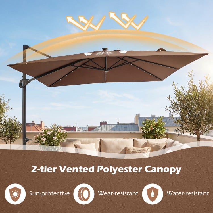 10 FT Cantilever Patio Umbrella with 32 Solar LED Lights and 220 LBS Base