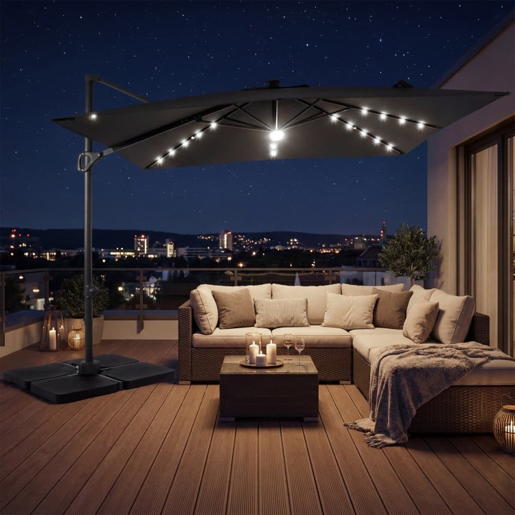 10 FT Cantilever Patio Umbrella with 32 Solar LED Lights and 220 LBS Base