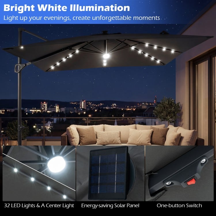 10 FT Cantilever Patio Umbrella with 32 Solar LED Lights and 220 LBS Base