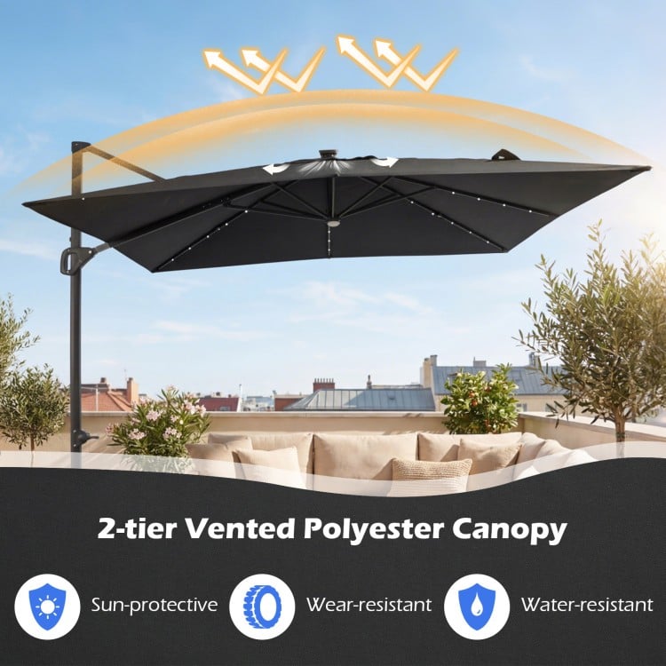 10 FT Cantilever Patio Umbrella with 32 Solar LED Lights and 220 LBS Base