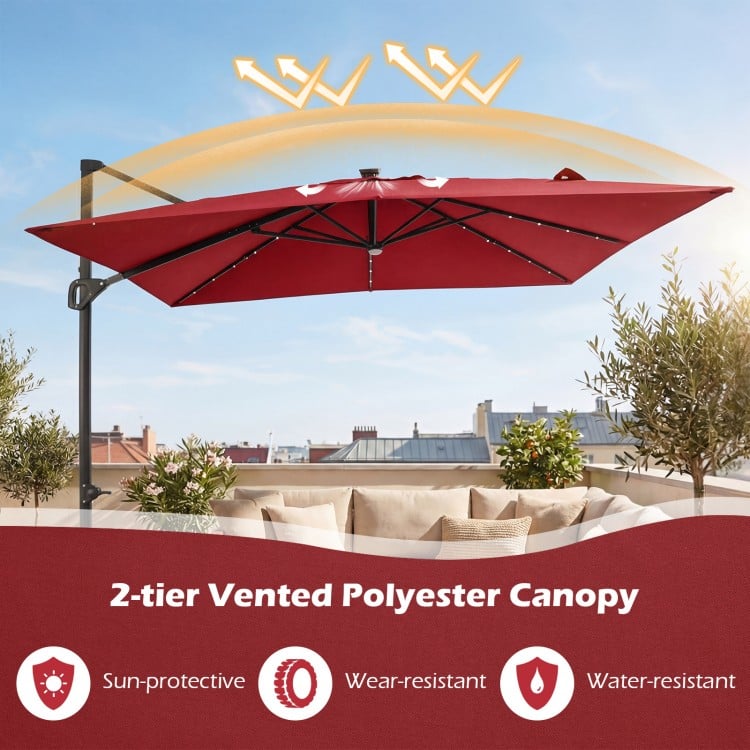 10 FT Cantilever Patio Umbrella with 32 Solar LED Lights and 220 LBS Base